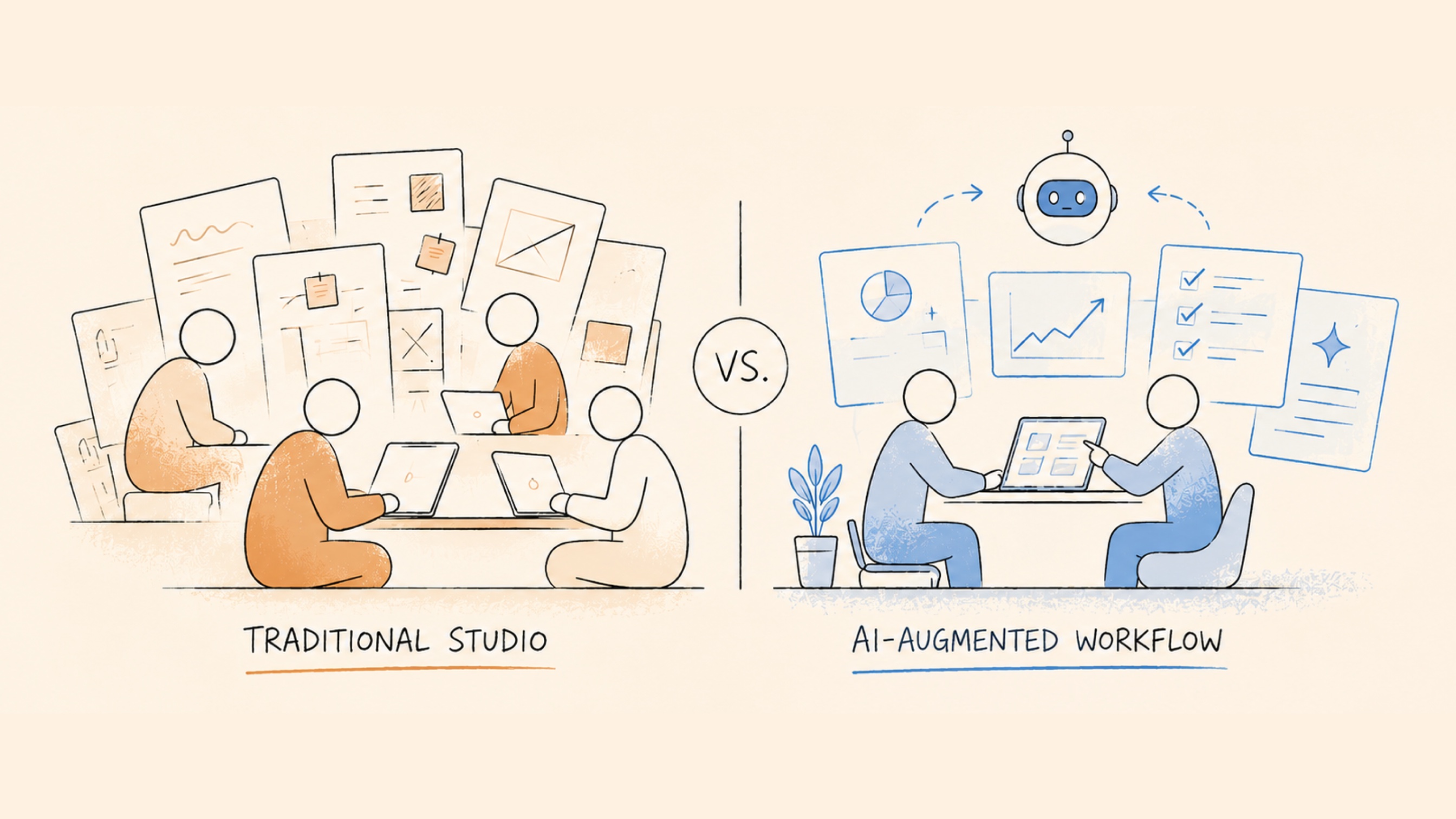 Traditional design studio compared with an AI-augmented design workflow